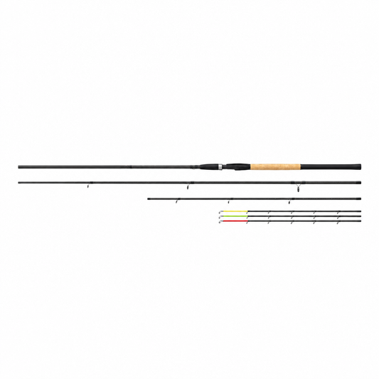 Okuma Solitron Feeder rod on white background, full length visible
